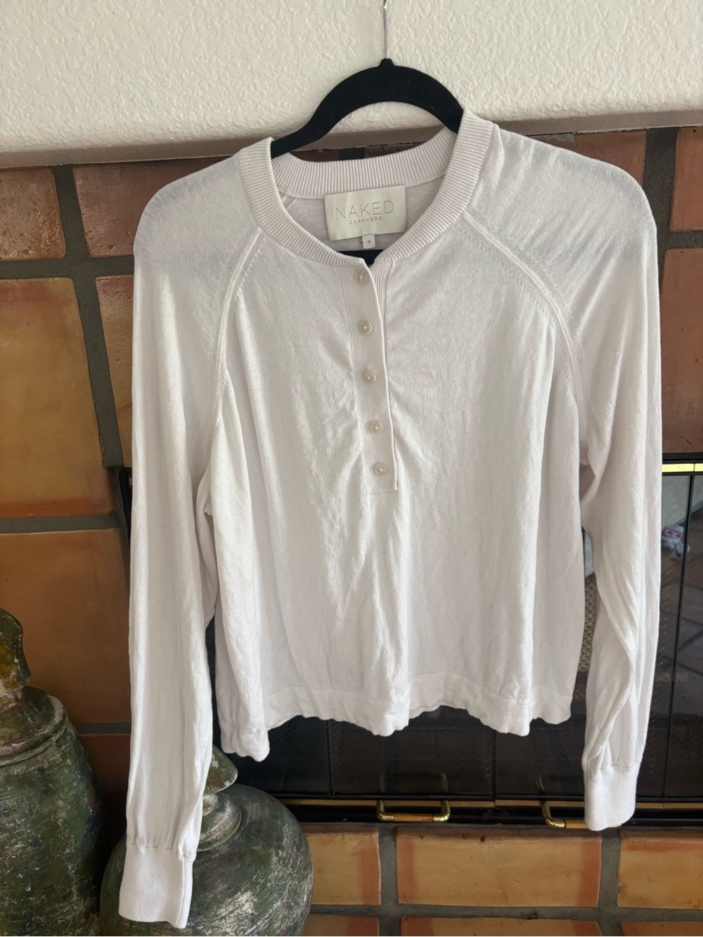 NakedCashmere White Long Sleeve Henley: Organic cotton and cashmere: minimilist